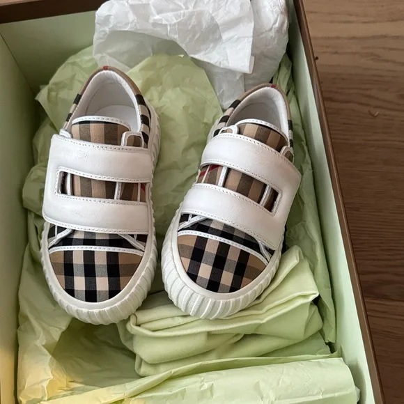 Burberry Beige Plaid Kids Velcro Sneakers with White Straps - Picture 1 of 4